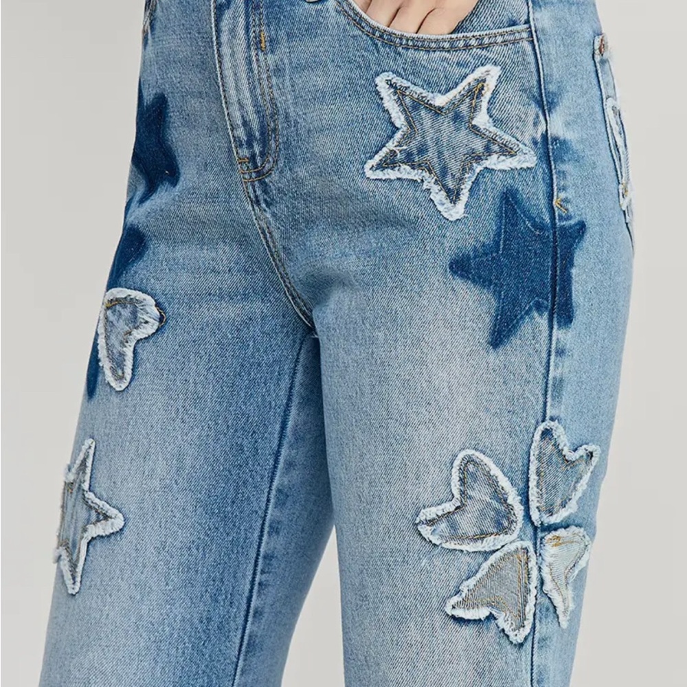 Starry Blue patched  Wide Leg  Dad Jeans-Plus Size - Picture 4 of 6